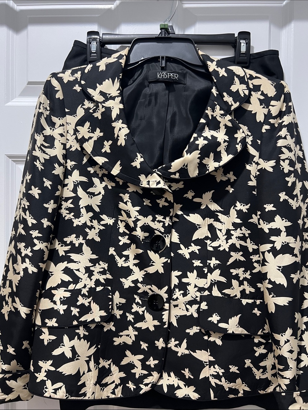 Kasper Black and Cream Floral Print Jacket & Skirt suit